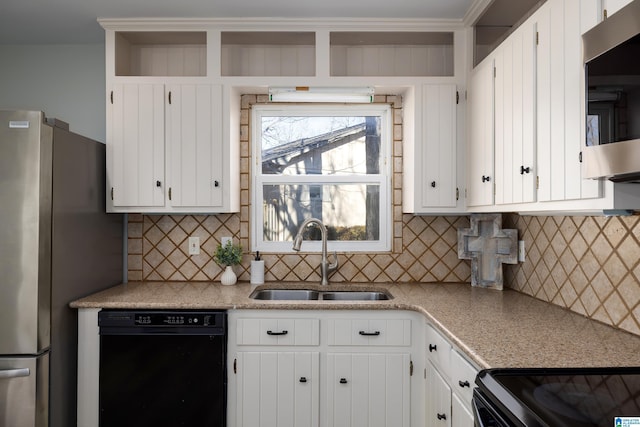 kitchen featuring appliances with stainless steel finishes, backsplash, white cabinets, and sink