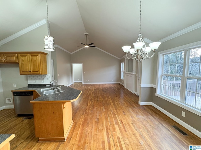 kitchen with ceiling fan with notable chandelier, dishwasher, decorative backsplash, sink, and crown molding