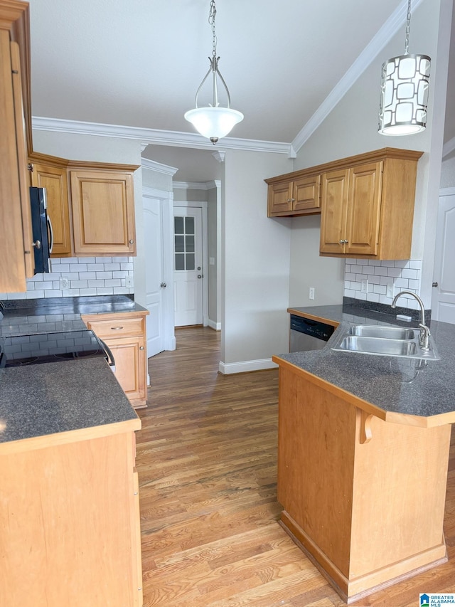 kitchen with light hardwood / wood-style floors, kitchen peninsula, decorative backsplash, decorative light fixtures, and sink