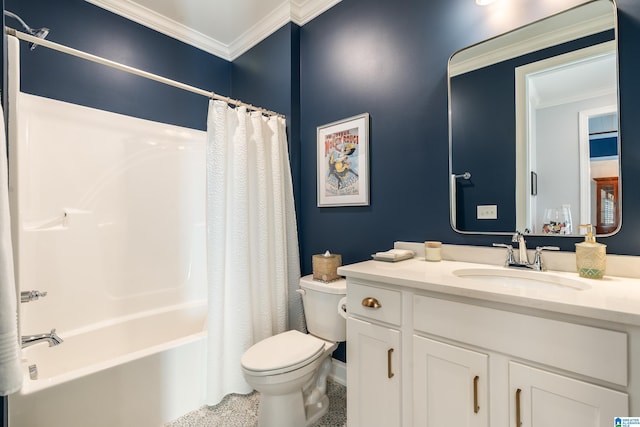 full bathroom featuring crown molding, shower / bath combo with shower curtain, toilet, and vanity