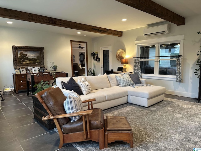 living room featuring an AC wall unit, dark tile patterned floors, beamed ceiling, and ceiling fan