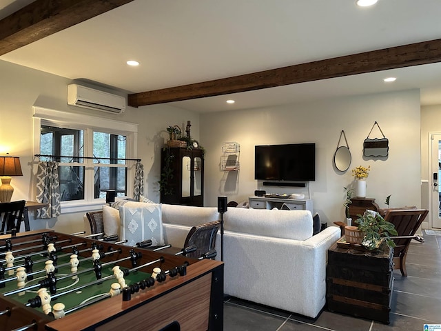 tiled living room featuring an AC wall unit