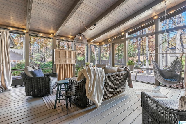 sunroom / solarium featuring wood ceiling and vaulted ceiling with beams