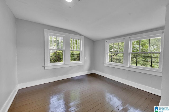 empty room featuring vaulted ceiling and dark hardwood / wood-style flooring