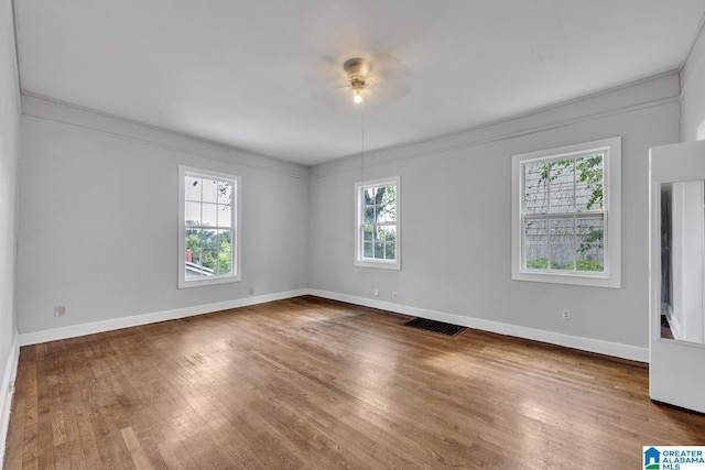 empty room featuring wood-type flooring and crown molding