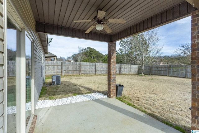 view of patio with ceiling fan and central air condition unit