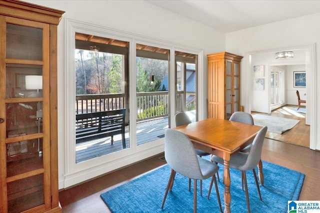 dining space with dark wood-type flooring