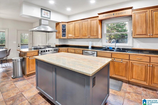 kitchen featuring range hood, sink, a center island, stainless steel appliances, and plenty of natural light