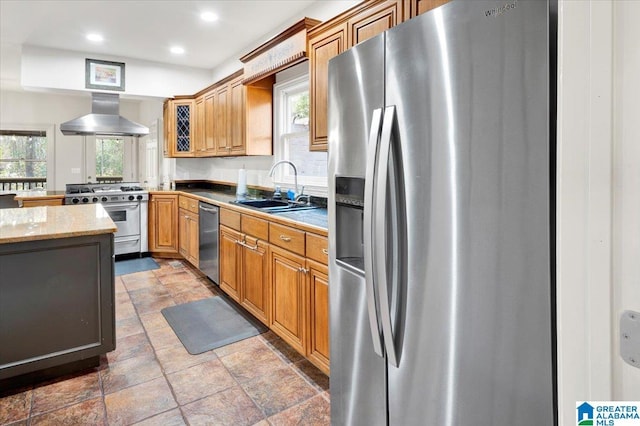 kitchen featuring stainless steel appliances, light stone countertops, sink, and range hood