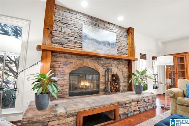 living room featuring hardwood / wood-style floors and a fireplace