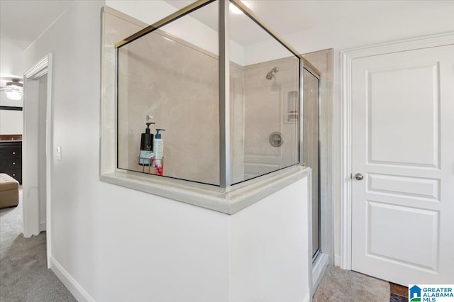 bathroom featuring a shower with door