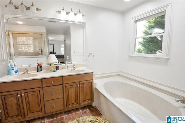 bathroom featuring independent shower and bath and vanity