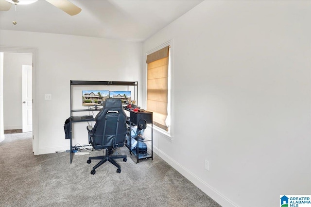 office featuring ceiling fan and carpet flooring