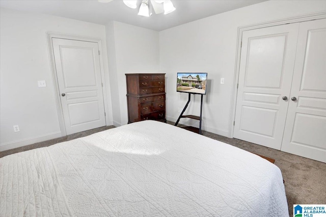 carpeted bedroom featuring ceiling fan and a closet