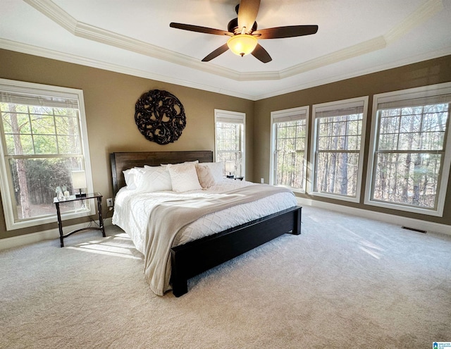 carpeted bedroom featuring ceiling fan, crown molding, and a raised ceiling