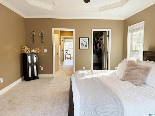 bedroom featuring light carpet, a tray ceiling, a closet, a walk in closet, and crown molding