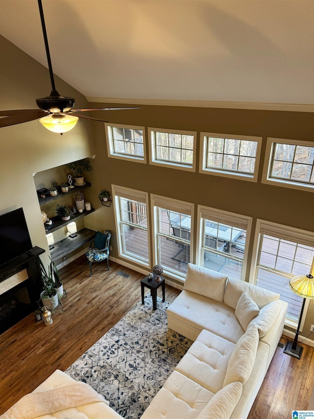 living room featuring ceiling fan, a healthy amount of sunlight, wood-type flooring, and high vaulted ceiling