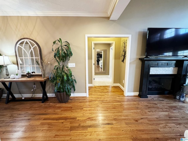 interior space featuring hardwood / wood-style floors, crown molding, and a large fireplace