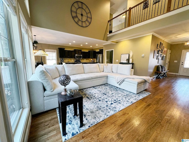 living room with an inviting chandelier, crown molding, a towering ceiling, and wood-type flooring