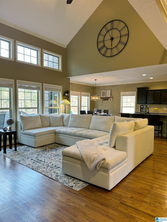 living room with high vaulted ceiling, a notable chandelier, and hardwood / wood-style flooring