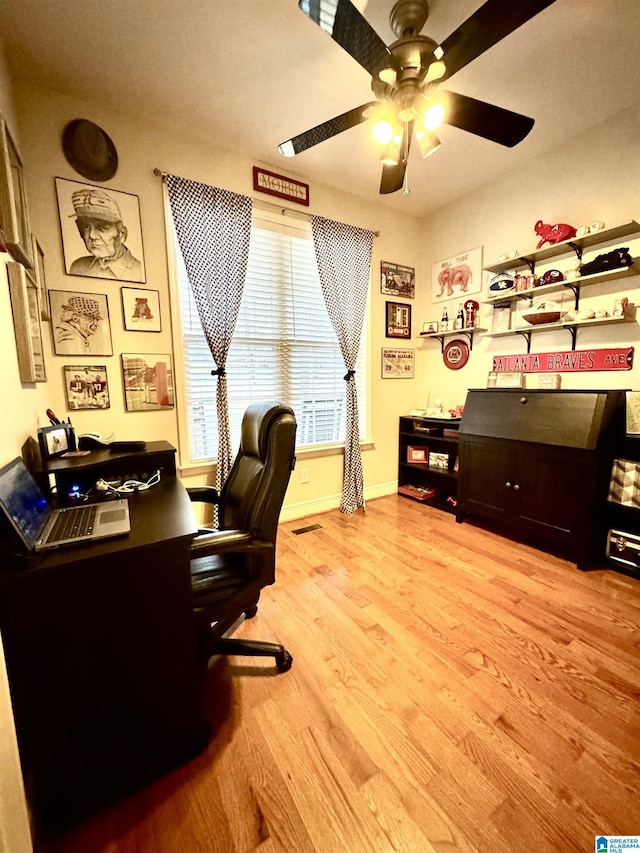 office area featuring ceiling fan and light hardwood / wood-style flooring