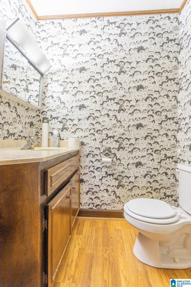 bathroom with toilet, vanity, wood-type flooring, and crown molding