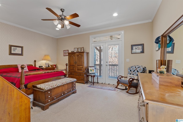 carpeted bedroom featuring ceiling fan, ornamental molding, access to outside, and french doors