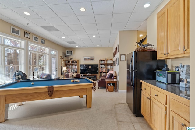 playroom featuring light carpet, a paneled ceiling, and pool table