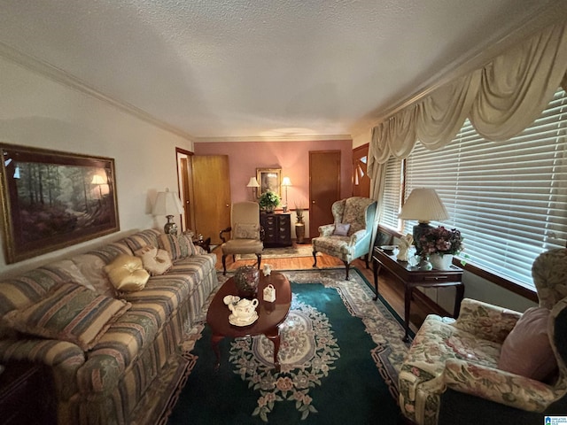 living room with a textured ceiling, crown molding, and hardwood / wood-style flooring