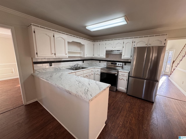 kitchen featuring white cabinetry, kitchen peninsula, appliances with stainless steel finishes, ornamental molding, and sink