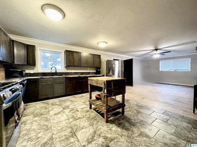 kitchen with stainless steel appliances, ornamental molding, dark brown cabinetry, and sink