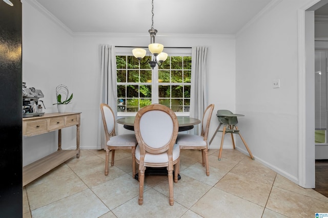 dining room with light tile patterned flooring, crown molding, and a notable chandelier