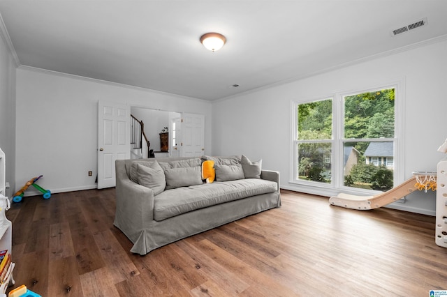 living room featuring dark wood-type flooring and ornamental molding