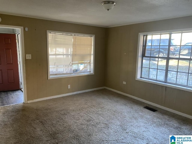 carpeted empty room featuring a textured ceiling