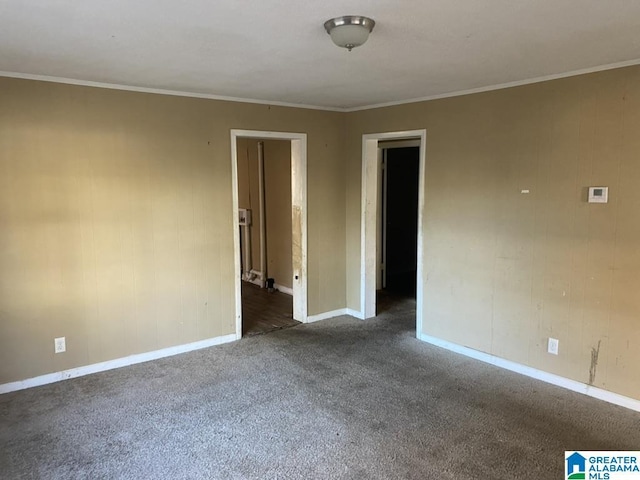 carpeted spare room featuring crown molding