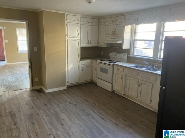 kitchen featuring black refrigerator, white electric range, sink, and light wood-type flooring