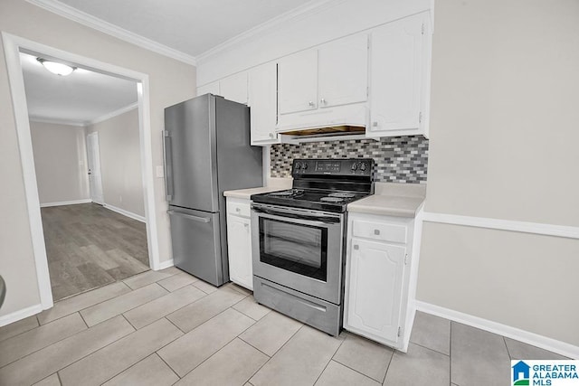 kitchen with premium range hood, white cabinetry, stainless steel appliances, backsplash, and ornamental molding