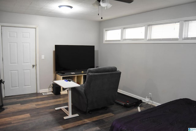 bedroom featuring ceiling fan and dark hardwood / wood-style flooring