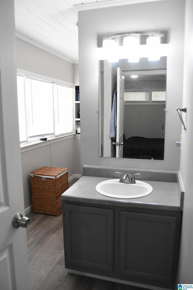 bathroom with vanity, wood-type flooring, and crown molding