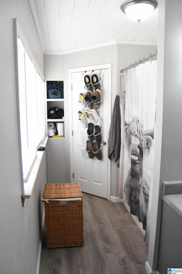 interior space with crown molding and dark hardwood / wood-style floors