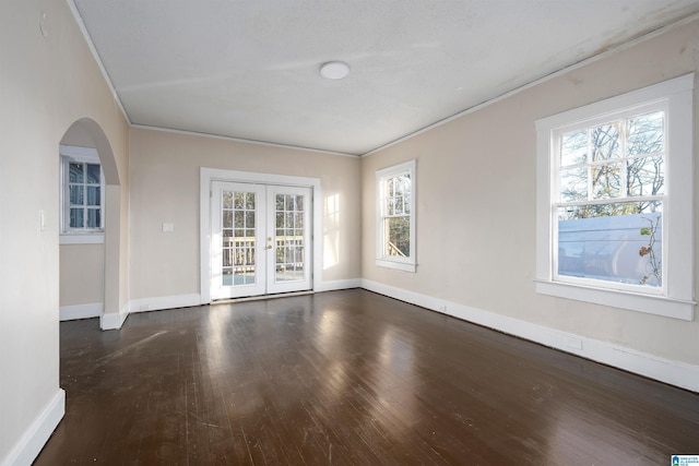 spare room with french doors, ornamental molding, and plenty of natural light