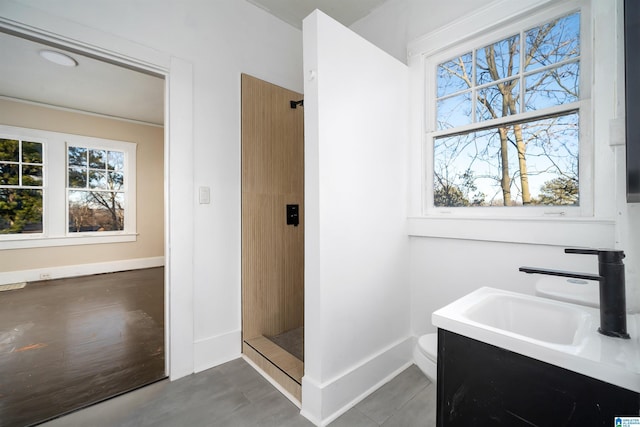 bathroom featuring a shower, a wealth of natural light, toilet, and vanity