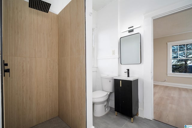 bathroom with toilet, walk in shower, and vanity