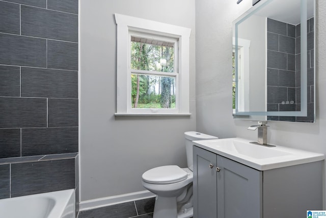 full bathroom with tile patterned floors, toilet, vanity, and plus walk in shower