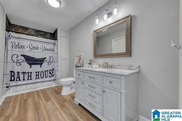 bathroom featuring a shower with curtain, vanity, toilet, and wood-type flooring