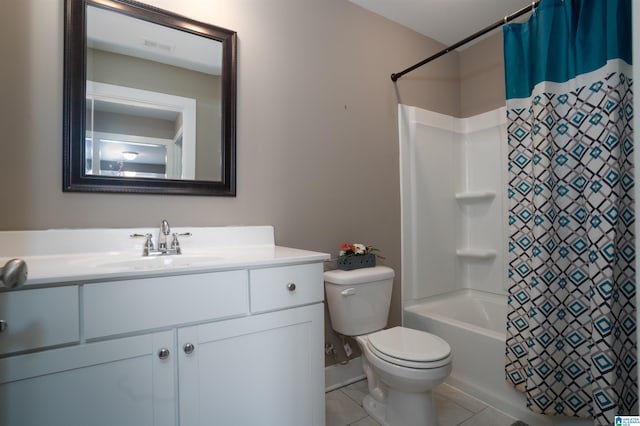 full bathroom with toilet, vanity, shower / tub combo, and tile patterned flooring