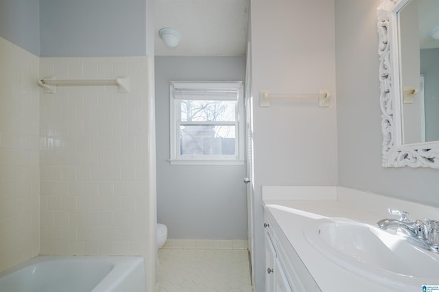 full bathroom with vanity, toilet, tub / shower combination, and tile patterned floors