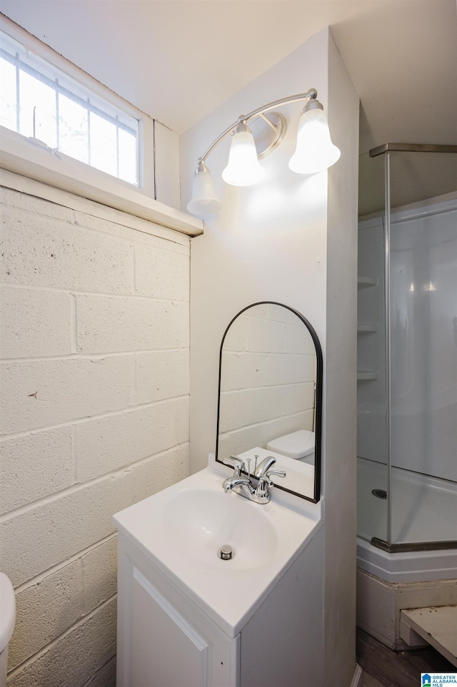 bathroom featuring vanity and walk in shower