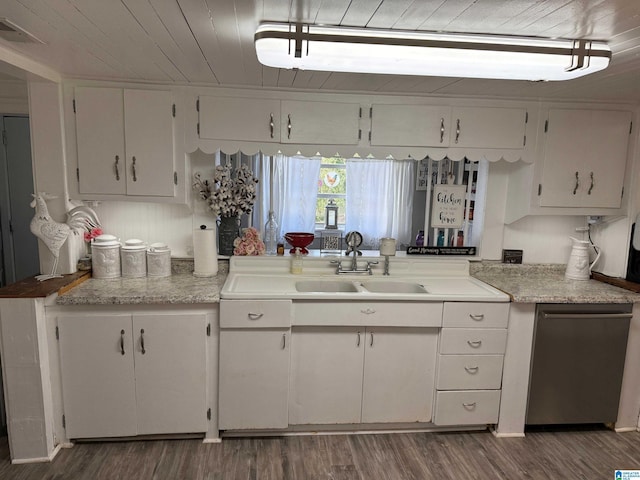 kitchen with wood ceiling, stainless steel dishwasher, sink, white cabinets, and dark hardwood / wood-style flooring