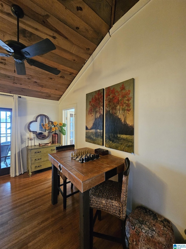 dining space featuring lofted ceiling, dark wood-type flooring, wooden ceiling, and ceiling fan